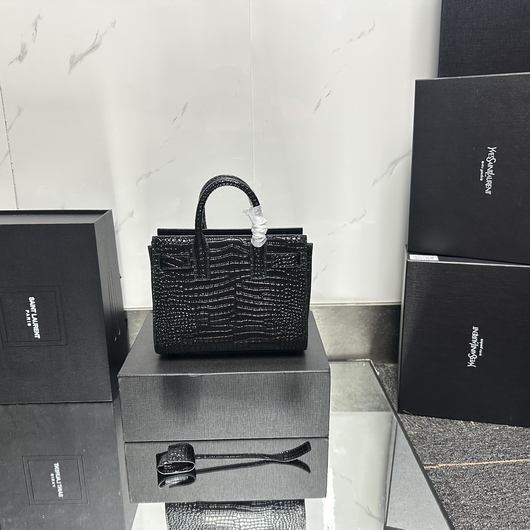 Saint Laurent Black Croc Embossed Leather Nano Classic Sac De Jour Tote - Bag