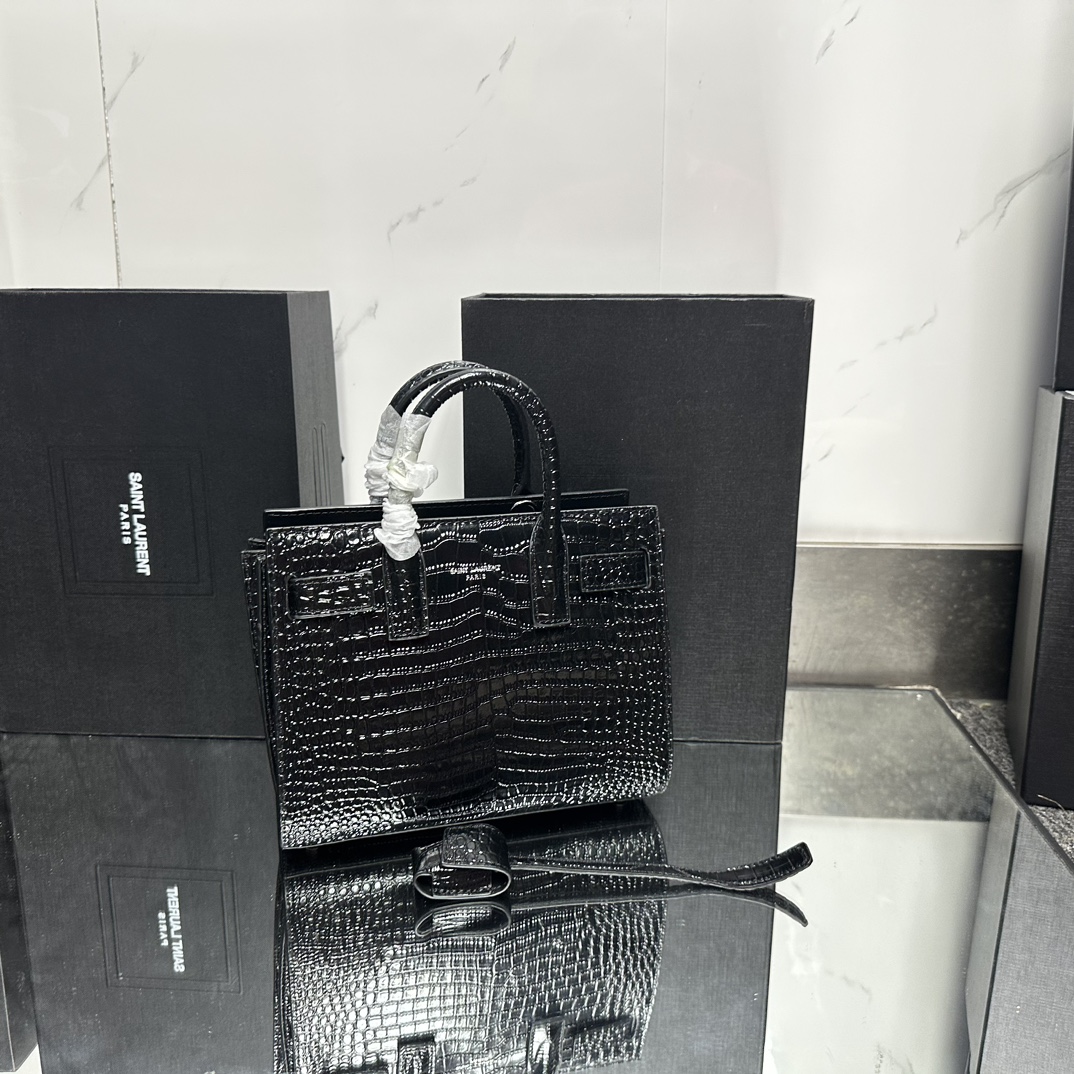 Saint Laurent Black Croc Embossed Leather Nano Classic Sac De Jour Tote - Bag