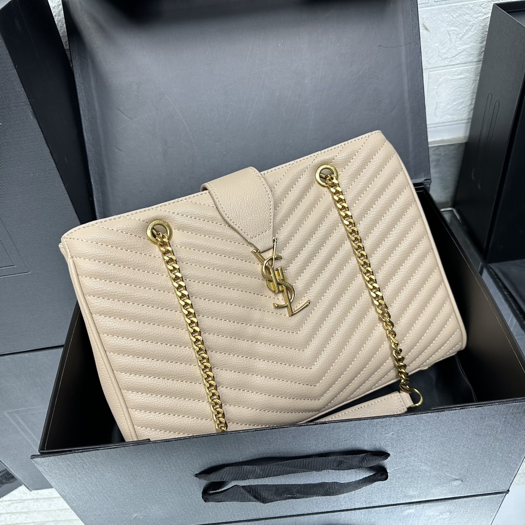 SAINT LAURENT Grain De Poudre Matelasse Chevron Monogram Shopping Bag Apricot - Bag