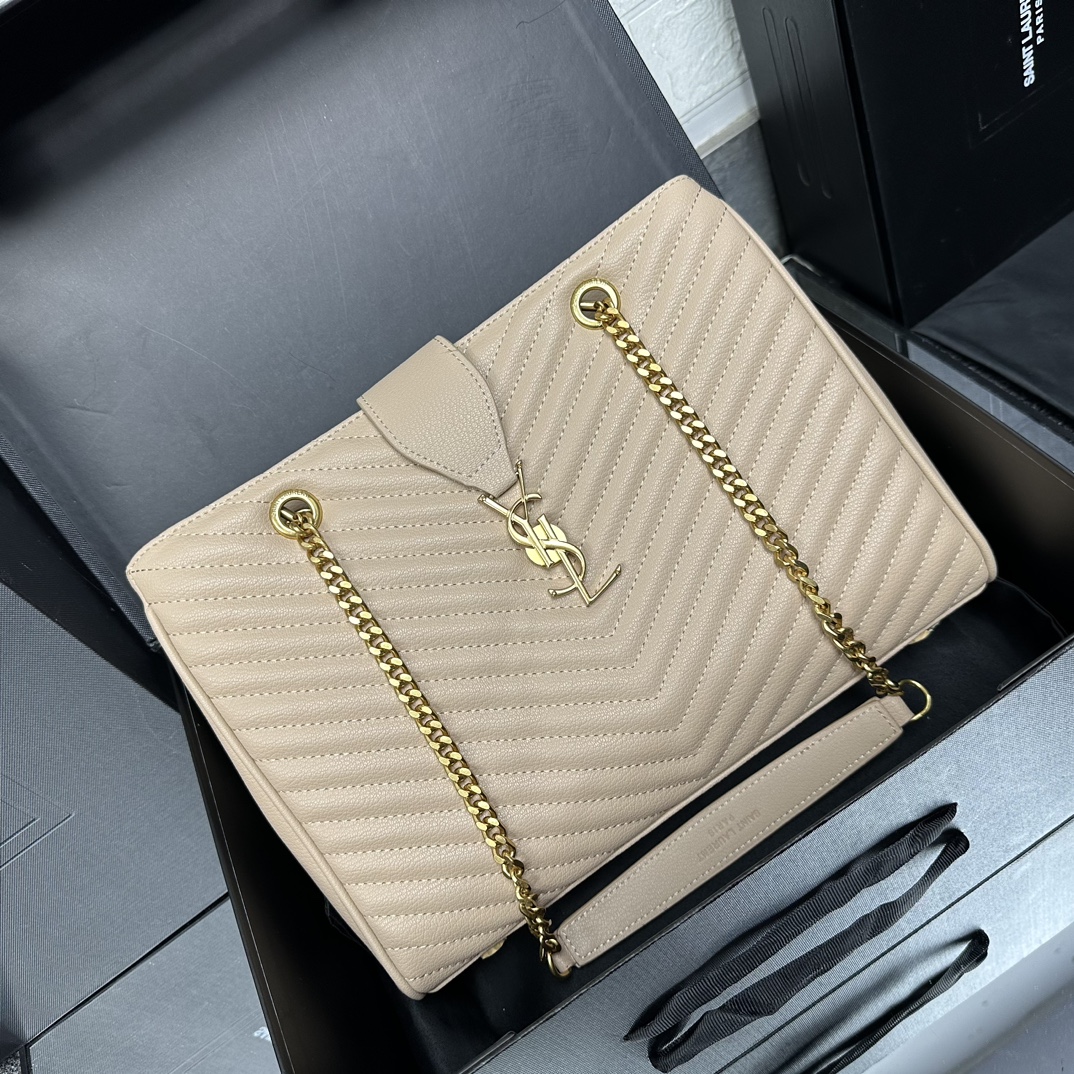 SAINT LAURENT Grain De Poudre Matelasse Chevron Monogram Shopping Bag Apricot - Bag