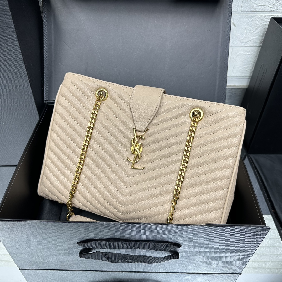 SAINT LAURENT Grain De Poudre Matelasse Chevron Monogram Shopping Bag Apricot - Bag