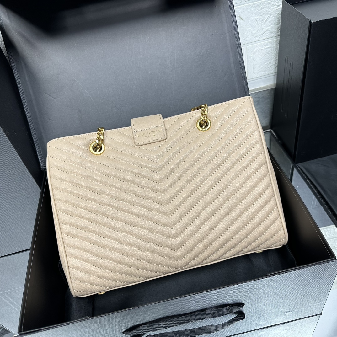SAINT LAURENT Grain De Poudre Matelasse Chevron Monogram Shopping Bag Apricot - Bag