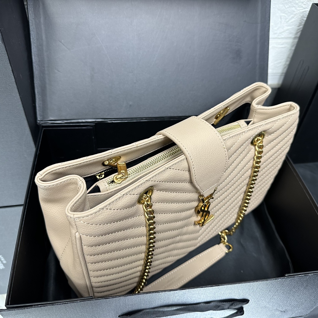 SAINT LAURENT Grain De Poudre Matelasse Chevron Monogram Shopping Bag Apricot - Bag