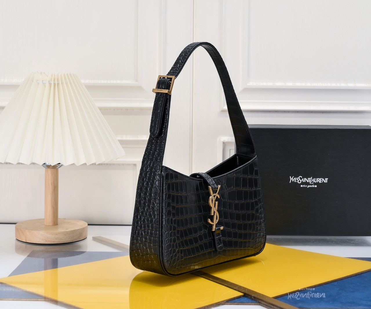 SAINT LAURENT YSL Le 5 à 7 Hobo Bag Leather-Snakeskin Pattern BLACK Bag