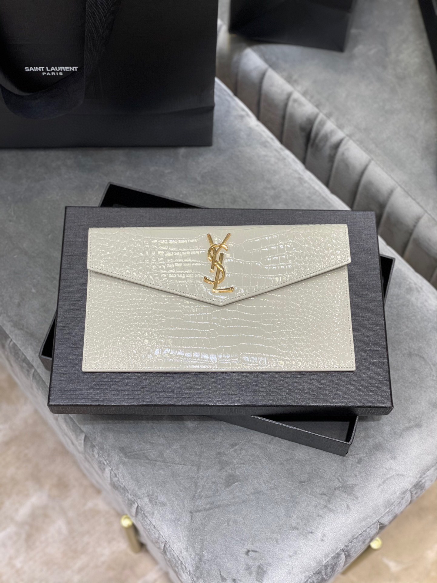 SAINT LAURENT Uptown POUCH IN CROCODILE-EMBOSSED SHINY LEATHER WHITE-GOLD HARDWARE - Bag
