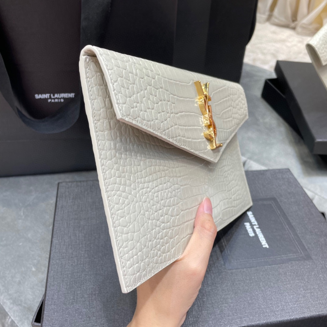 SAINT LAURENT Uptown POUCH IN CROCODILE-EMBOSSED SHINY LEATHER WHITE-GOLD HARDWARE - Bag