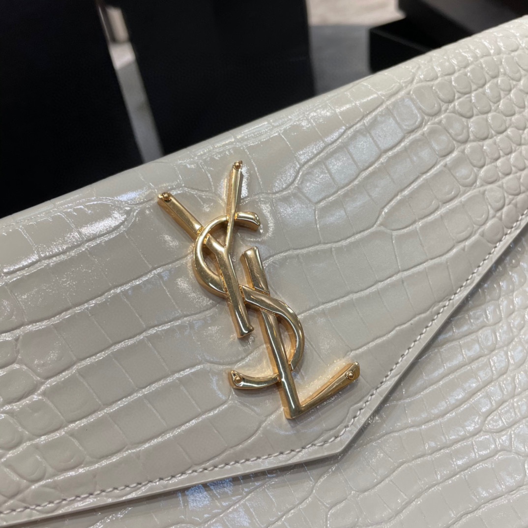 SAINT LAURENT Uptown POUCH IN CROCODILE-EMBOSSED SHINY LEATHER WHITE-GOLD HARDWARE - Bag