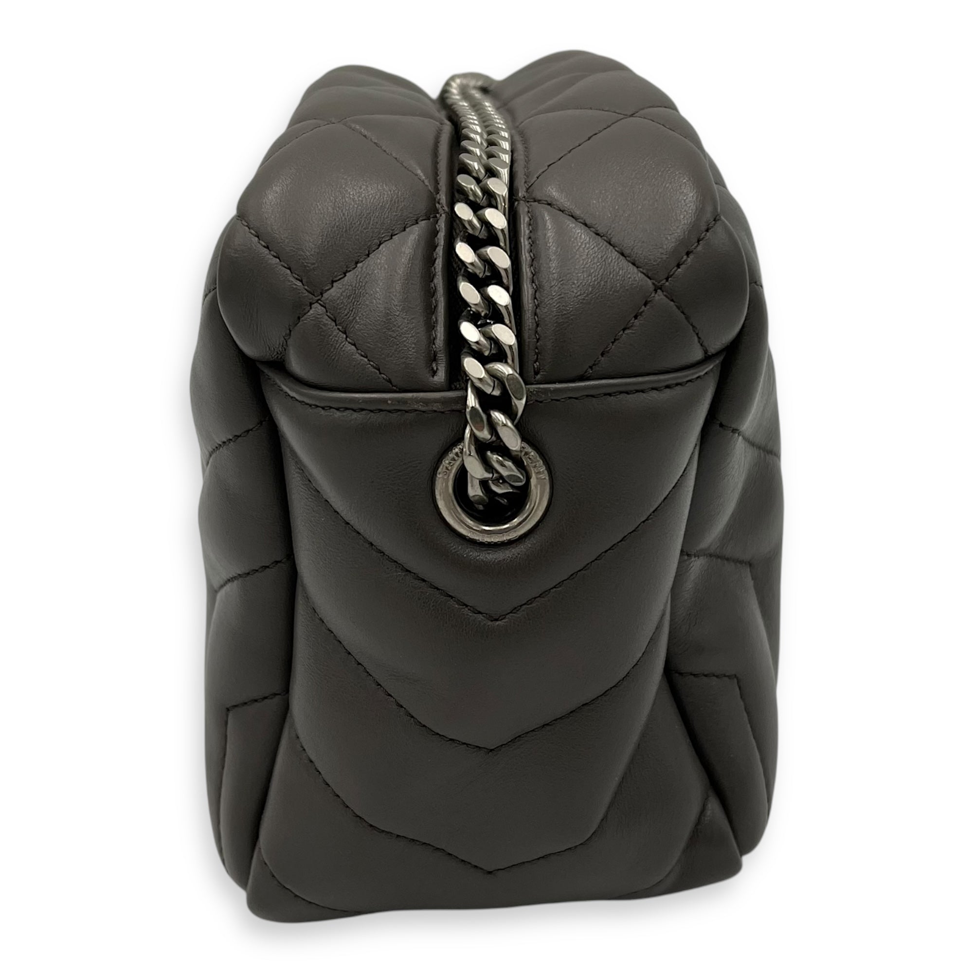 Bowler Grey Shoulder Bag in Calfskin, Silver hardware