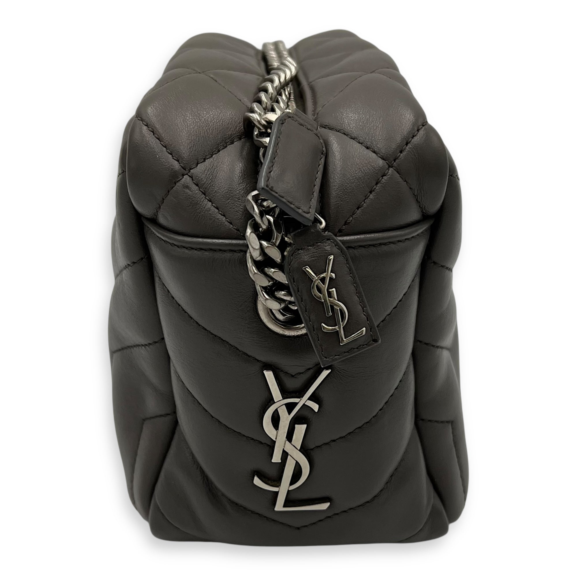 Bowler Grey Shoulder Bag in Calfskin, Silver hardware
