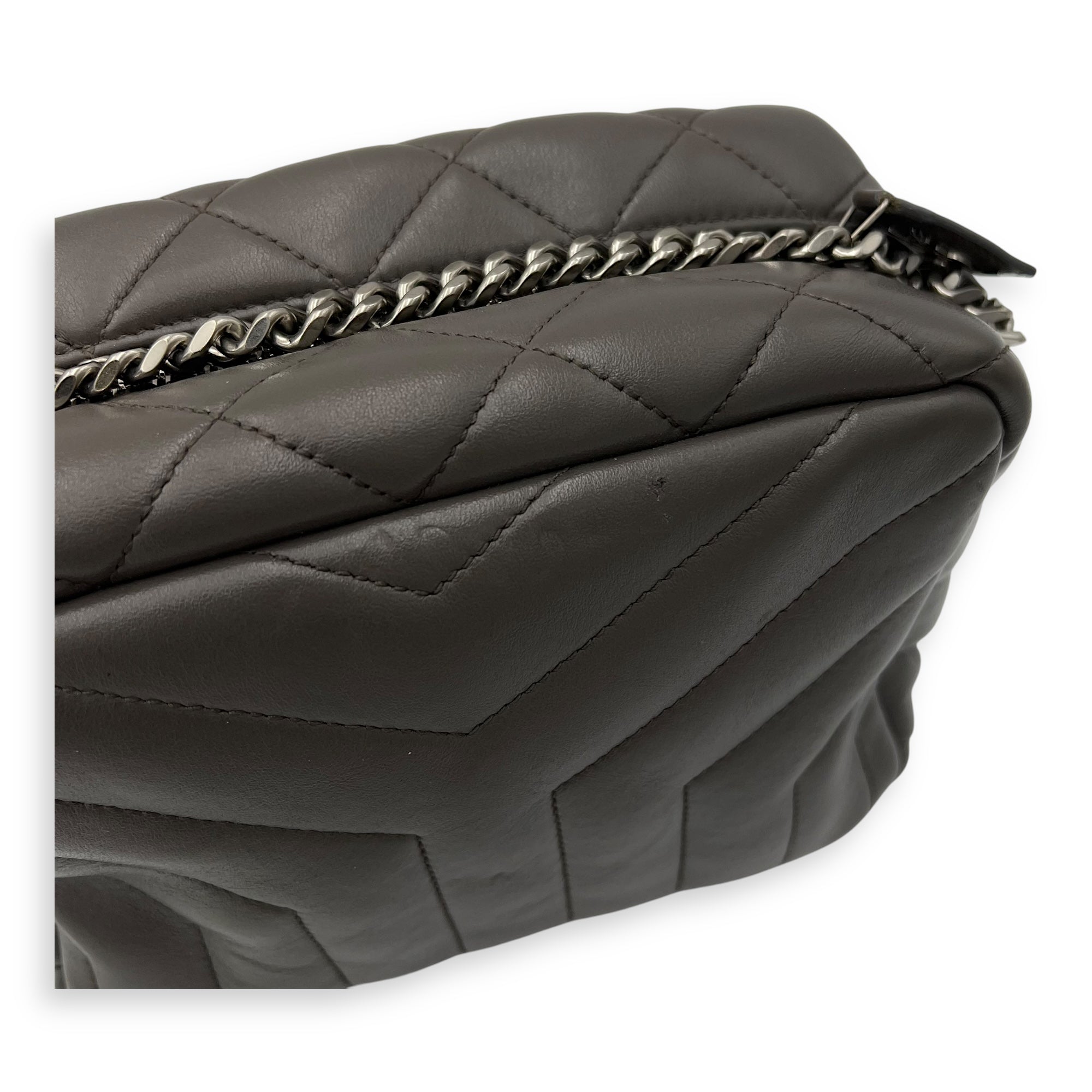 Bowler Grey Shoulder Bag in Calfskin, Silver hardware
