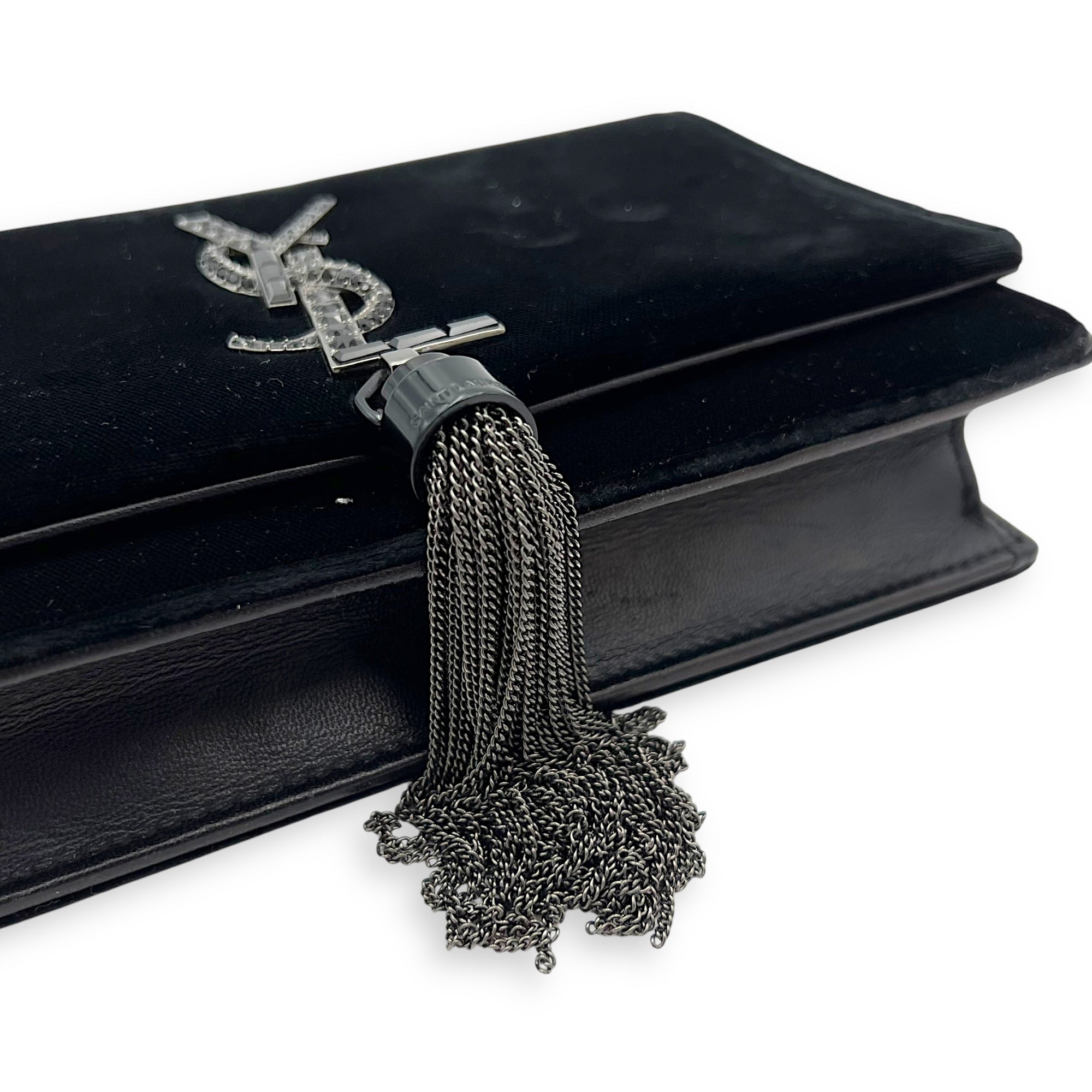 Kate Small Black Crossbody Bag in Velvet, Silver hardware