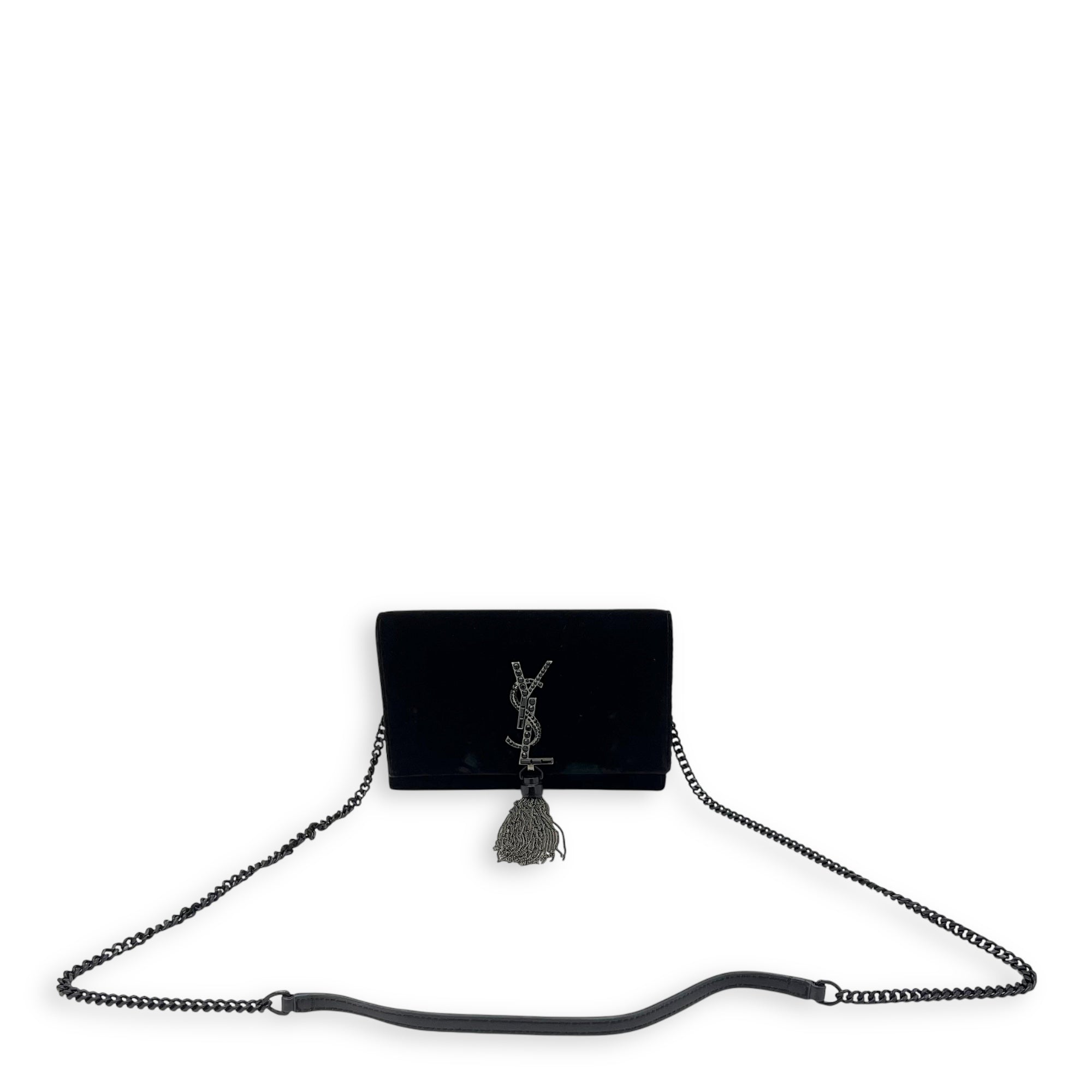 Kate Small Black Crossbody Bag in Velvet, Silver hardware