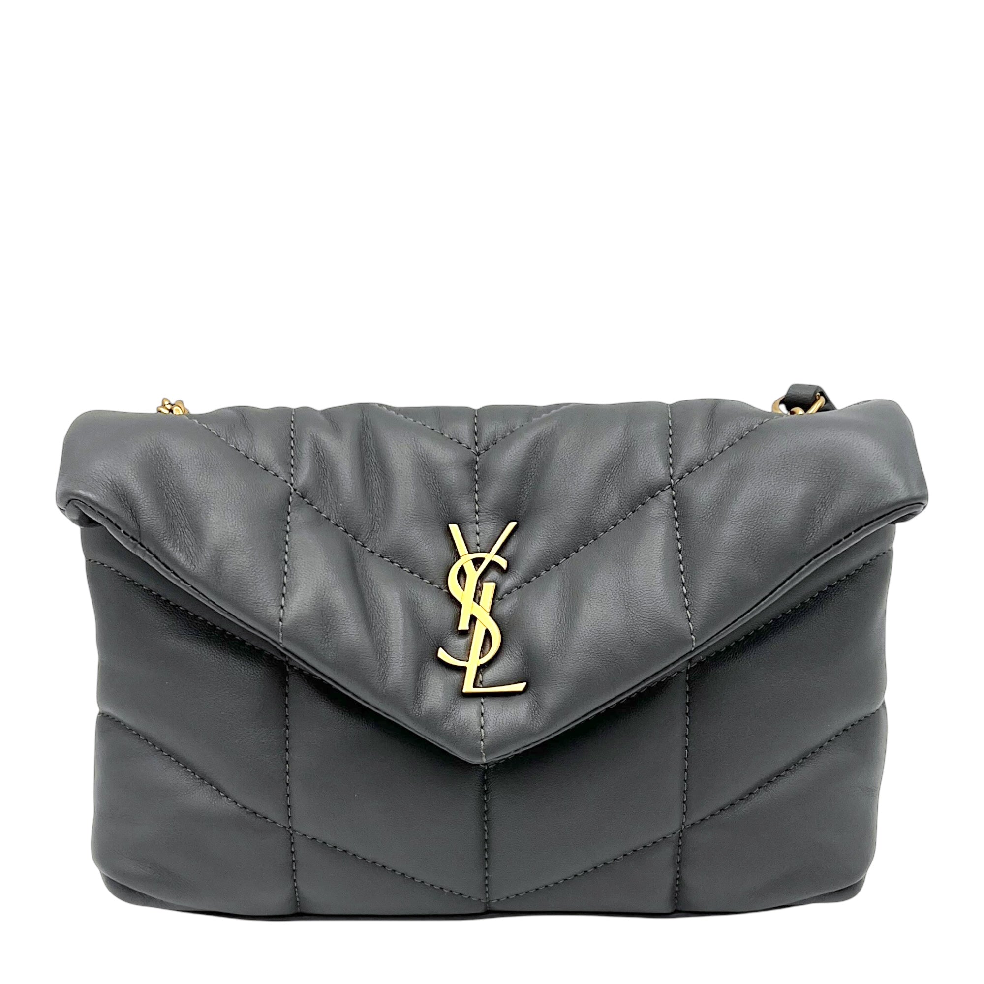 Puffer Mini Grey Shoulder Bag in Lambskin, Gold hardware
