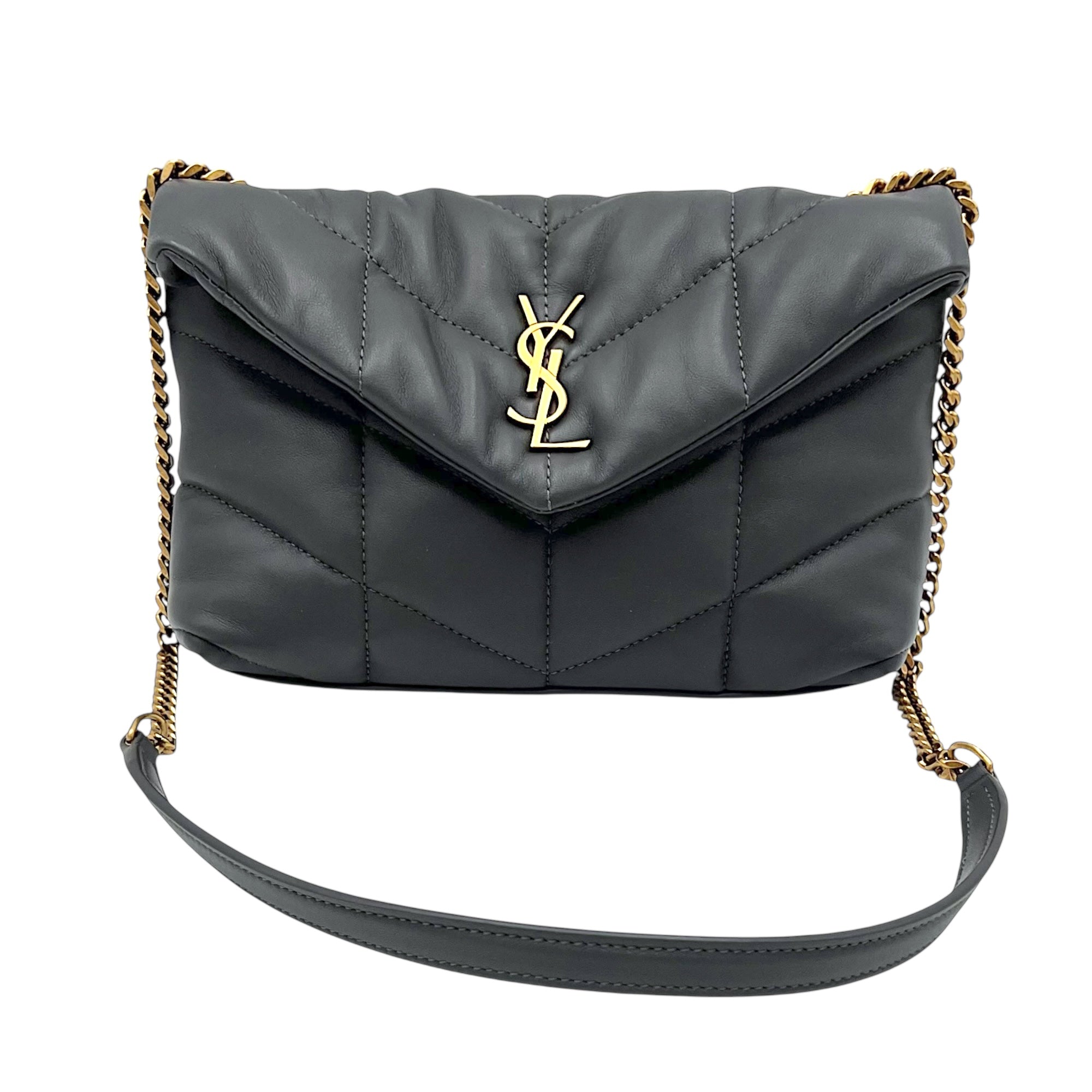 Puffer Mini Grey Shoulder Bag in Lambskin, Gold hardware