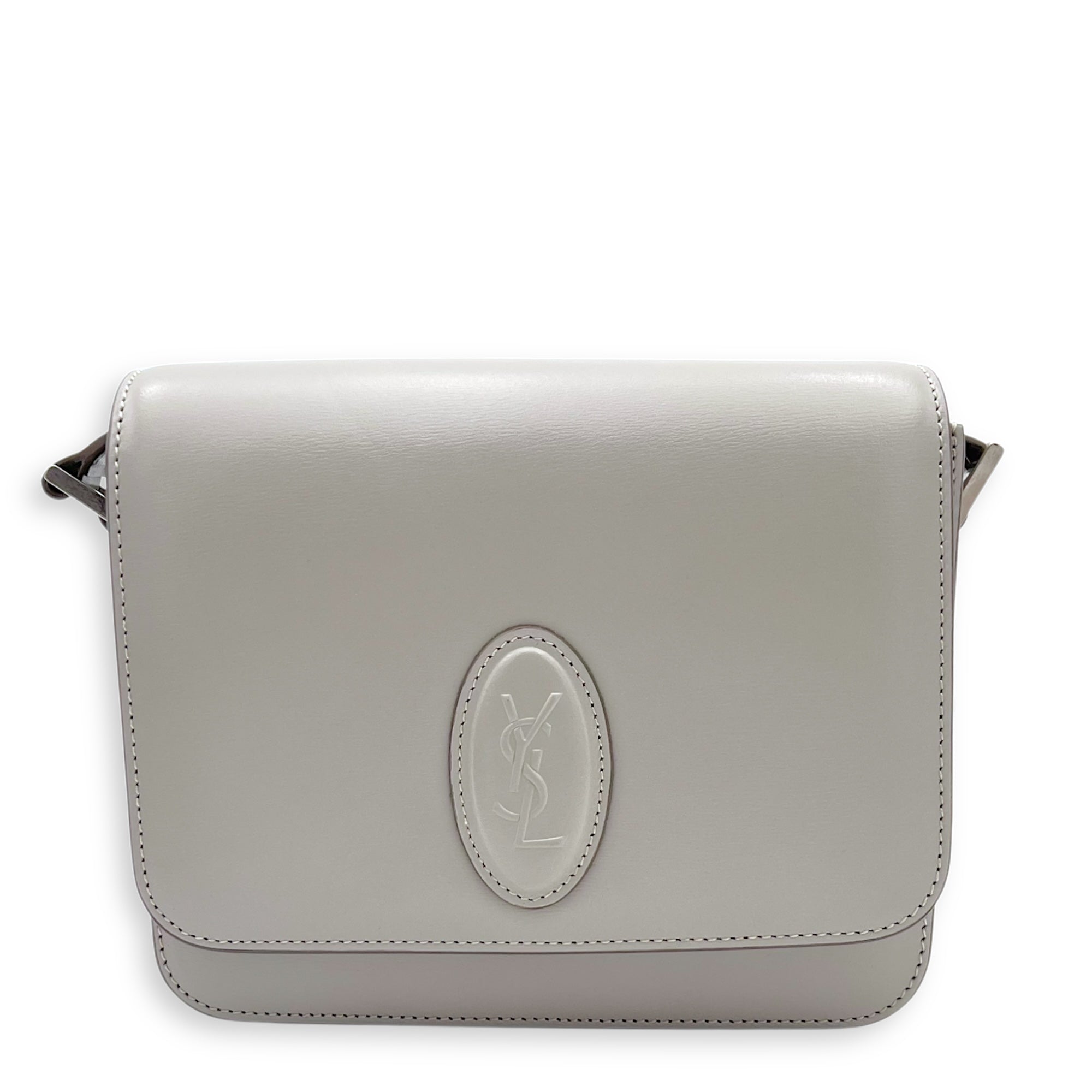 Le 61 Saddle Grey Shoulder Bag in Calfskin, Silver hardware