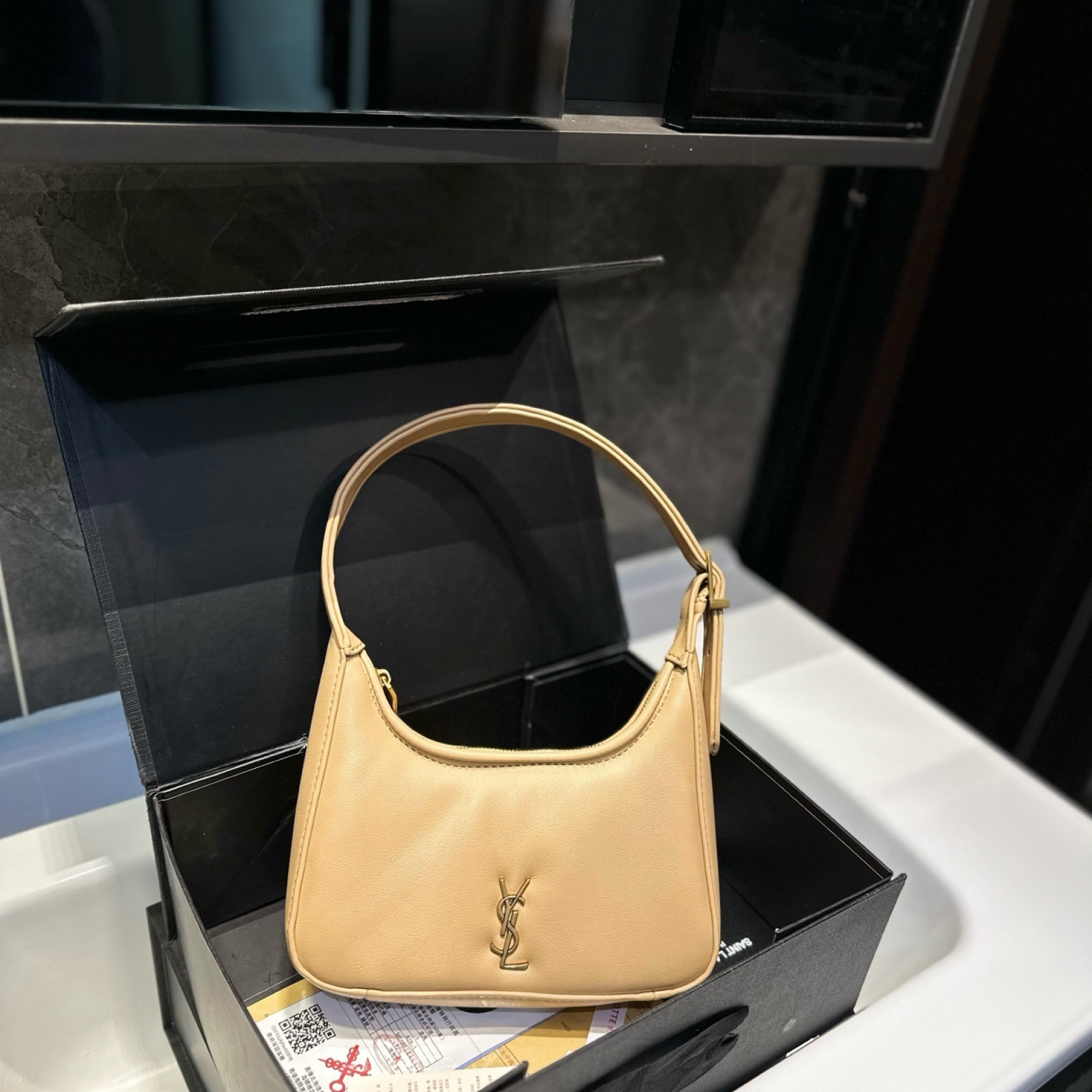 Saint Laurent YSL Calypso Mini Hobo Lambskin Bag - Apricot