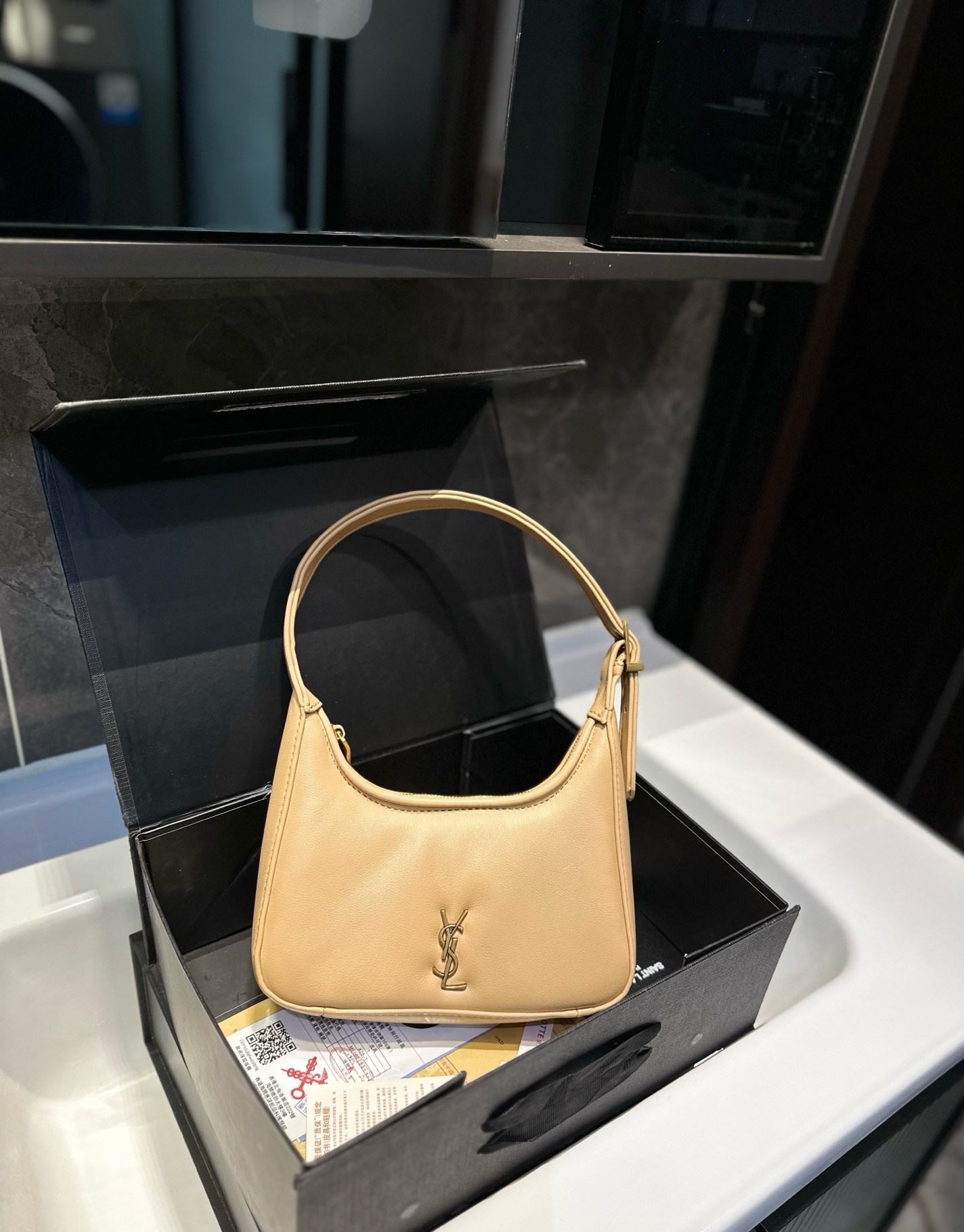 Saint Laurent YSL Calypso Mini Hobo Lambskin Bag - Apricot