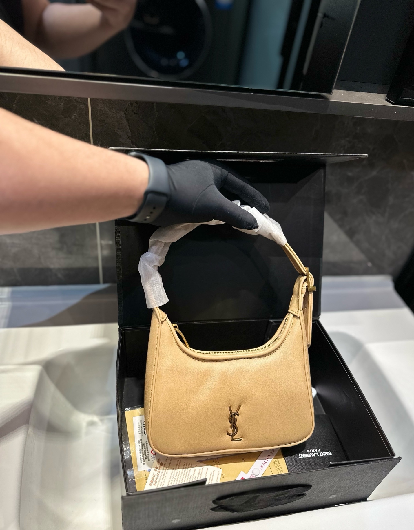 Saint Laurent YSL Calypso Mini Hobo Lambskin Bag - Apricot