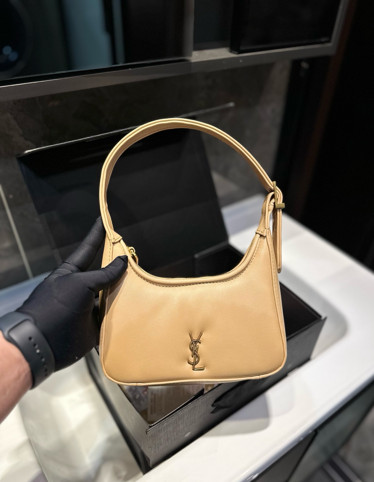 Saint Laurent YSL Calypso Mini Hobo Lambskin Bag - Apricot