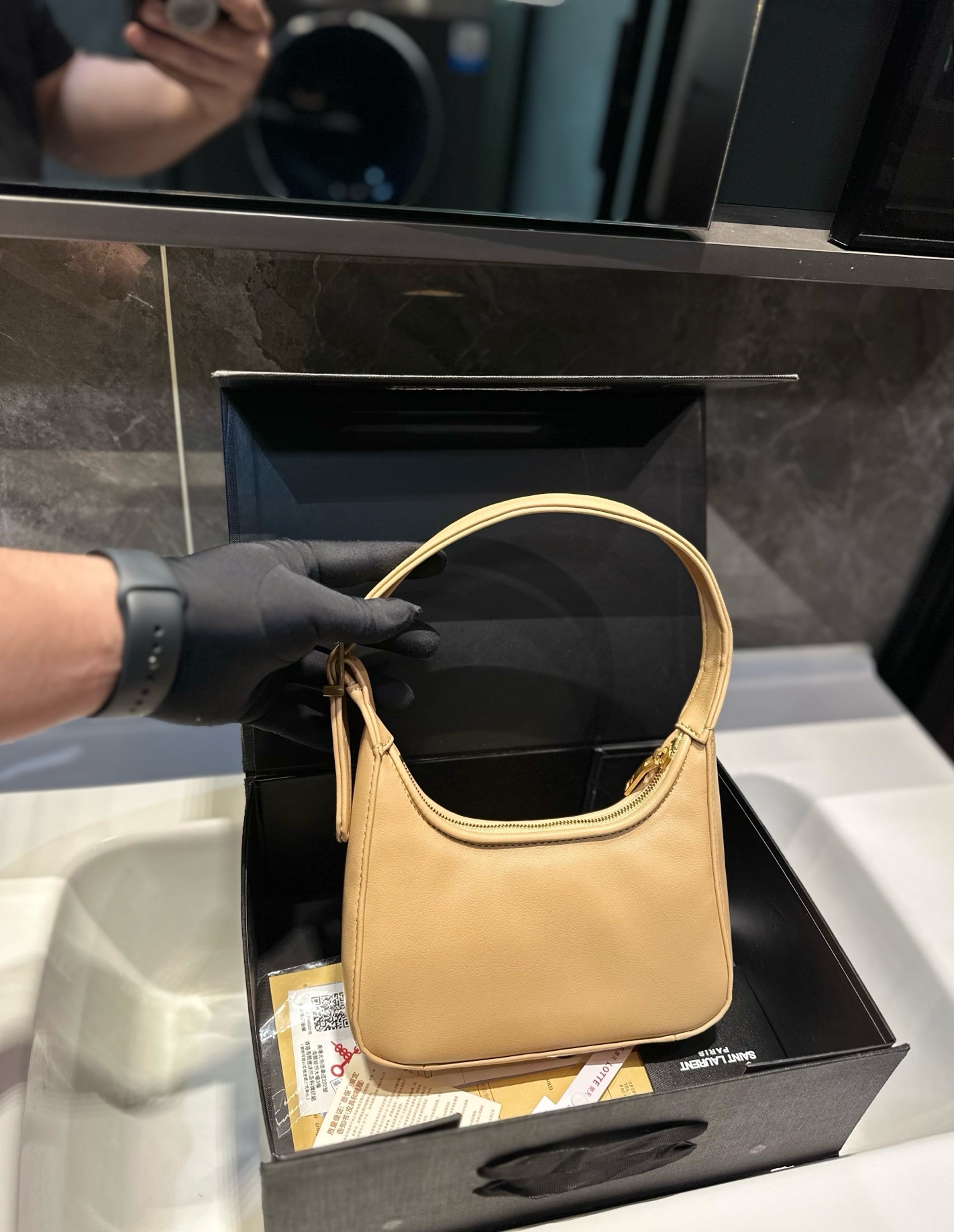 Saint Laurent YSL Calypso Mini Hobo Lambskin Bag - Apricot
