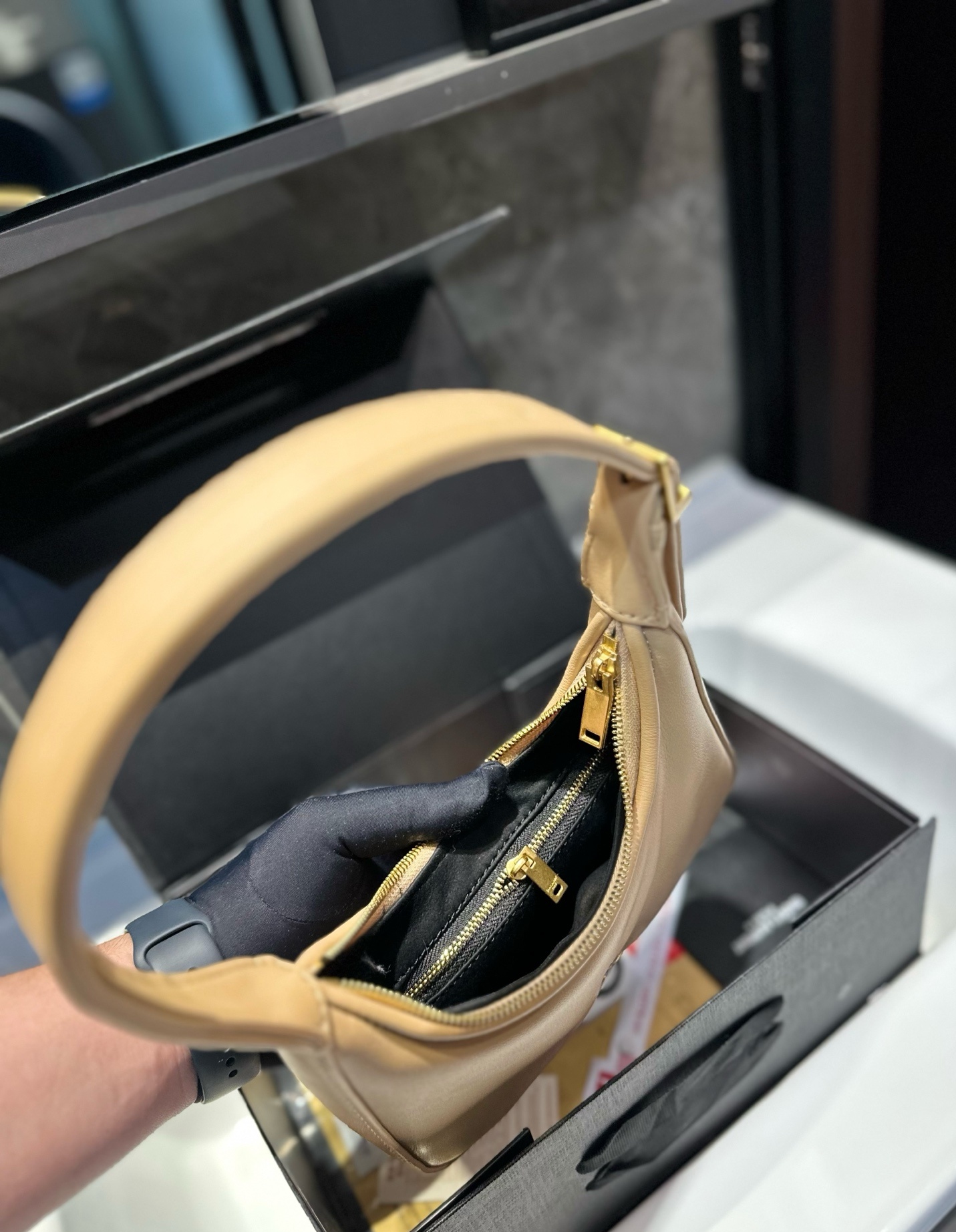 Saint Laurent YSL Calypso Mini Hobo Lambskin Bag - Apricot