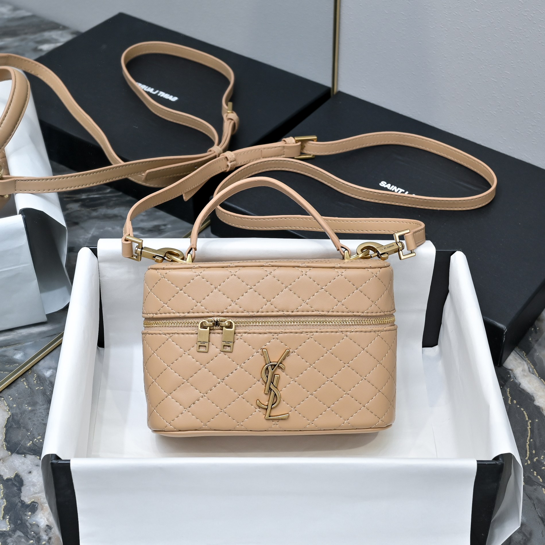 SAINT LAURENT YSL GABY vanity Medium bag in lambskin - DK TOFFEE