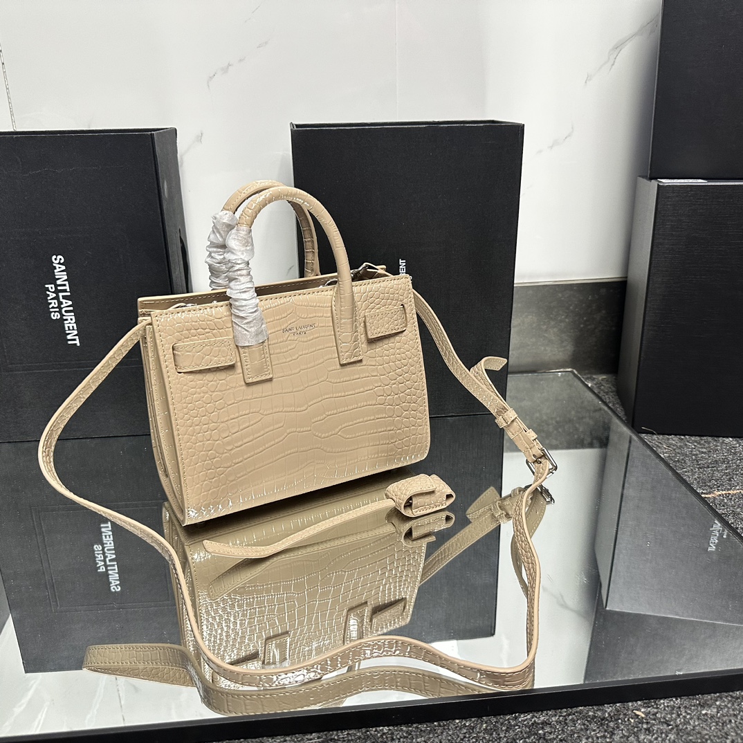 Saint Laurent Beige Croc Embossed Leather Nano Classic Sac De Jour Tote - Bag