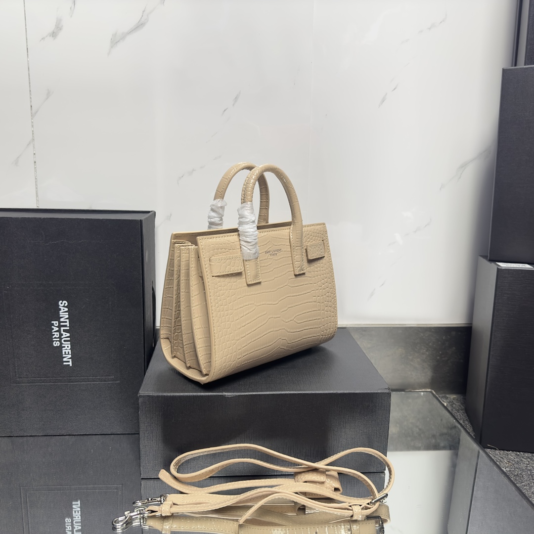 Saint Laurent Beige Croc Embossed Leather Nano Classic Sac De Jour Tote - Bag