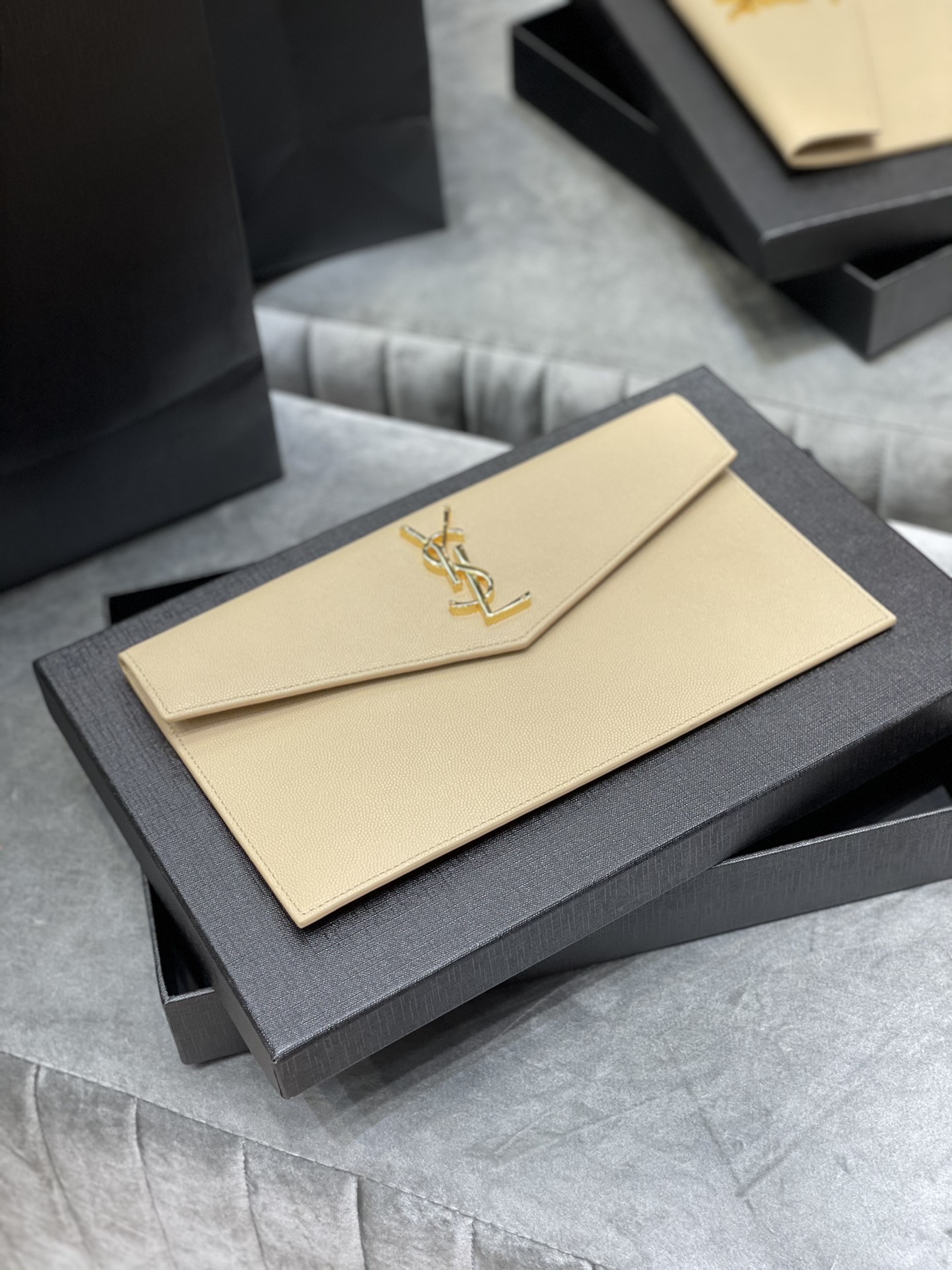 SAINT LAURENT Uptown YSL Monogram Leather Envelope Clutch Bag Beige-Gold hardware - Bag