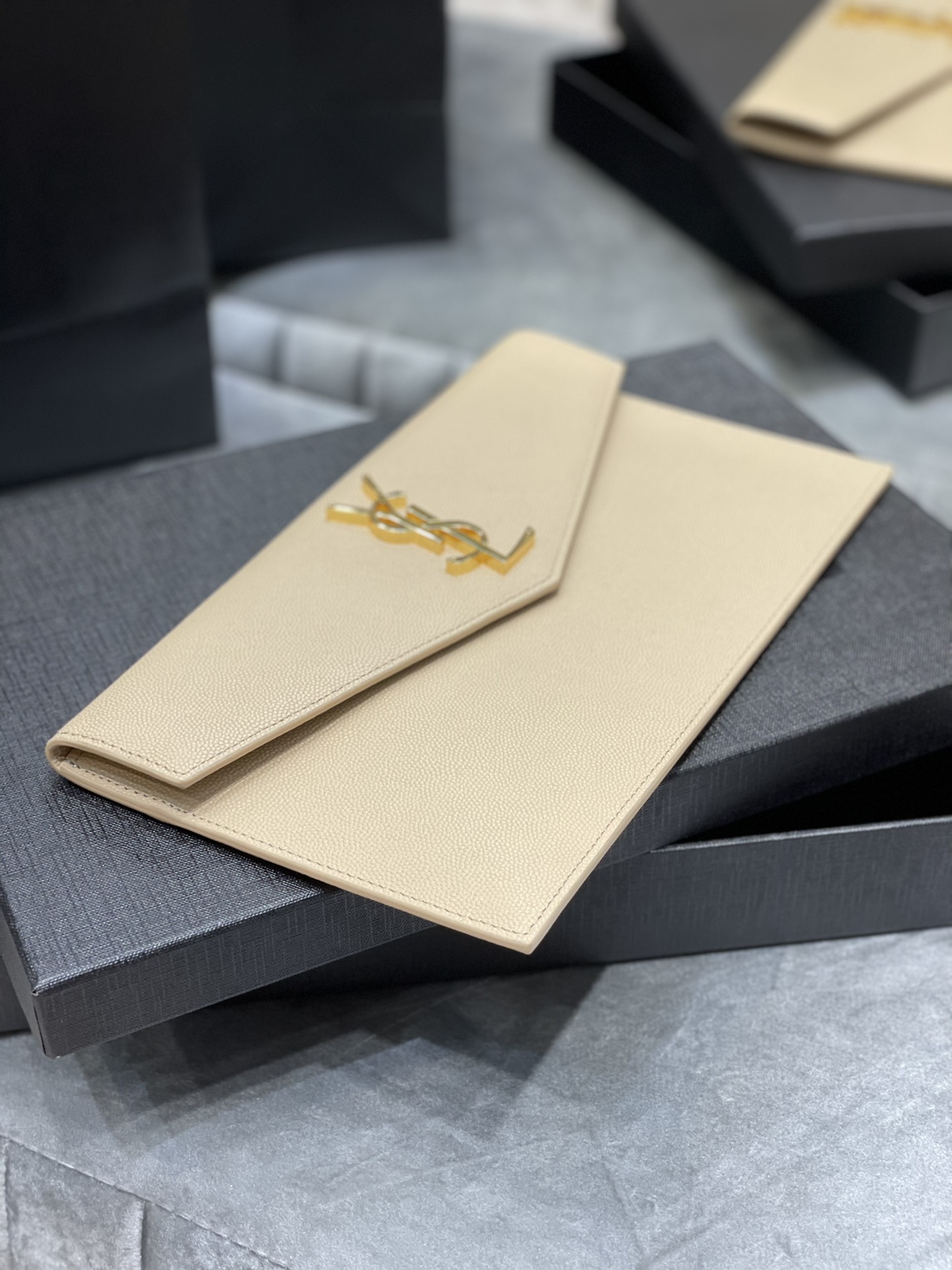 SAINT LAURENT Uptown YSL Monogram Leather Envelope Clutch Bag Beige-Gold hardware - Bag