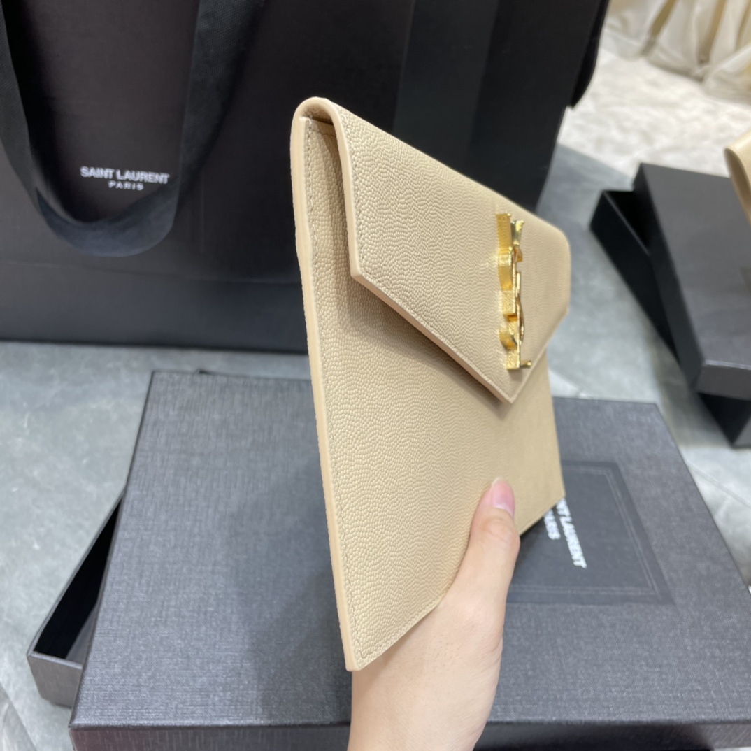 SAINT LAURENT Uptown YSL Monogram Leather Envelope Clutch Bag Beige-Gold hardware - Bag