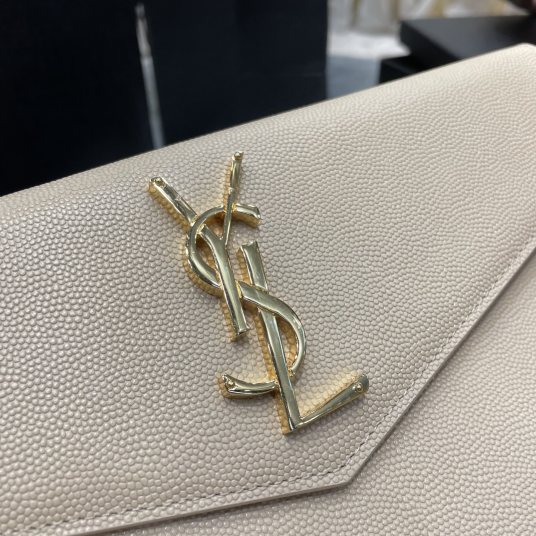 SAINT LAURENT Uptown YSL Monogram Leather Envelope Clutch Bag Beige-Gold hardware - Bag