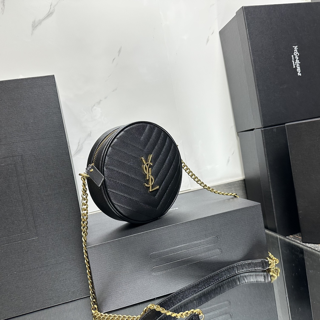 SAINT LAURENT Grain De Poudre Matelasse Chevron Quilted Round Vinyle Camera Bag Deep Marine-Gold hardware - Bag