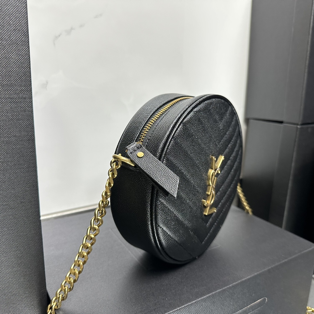 SAINT LAURENT Grain De Poudre Matelasse Chevron Quilted Round Vinyle Camera Bag Deep Marine-Gold hardware - Bag