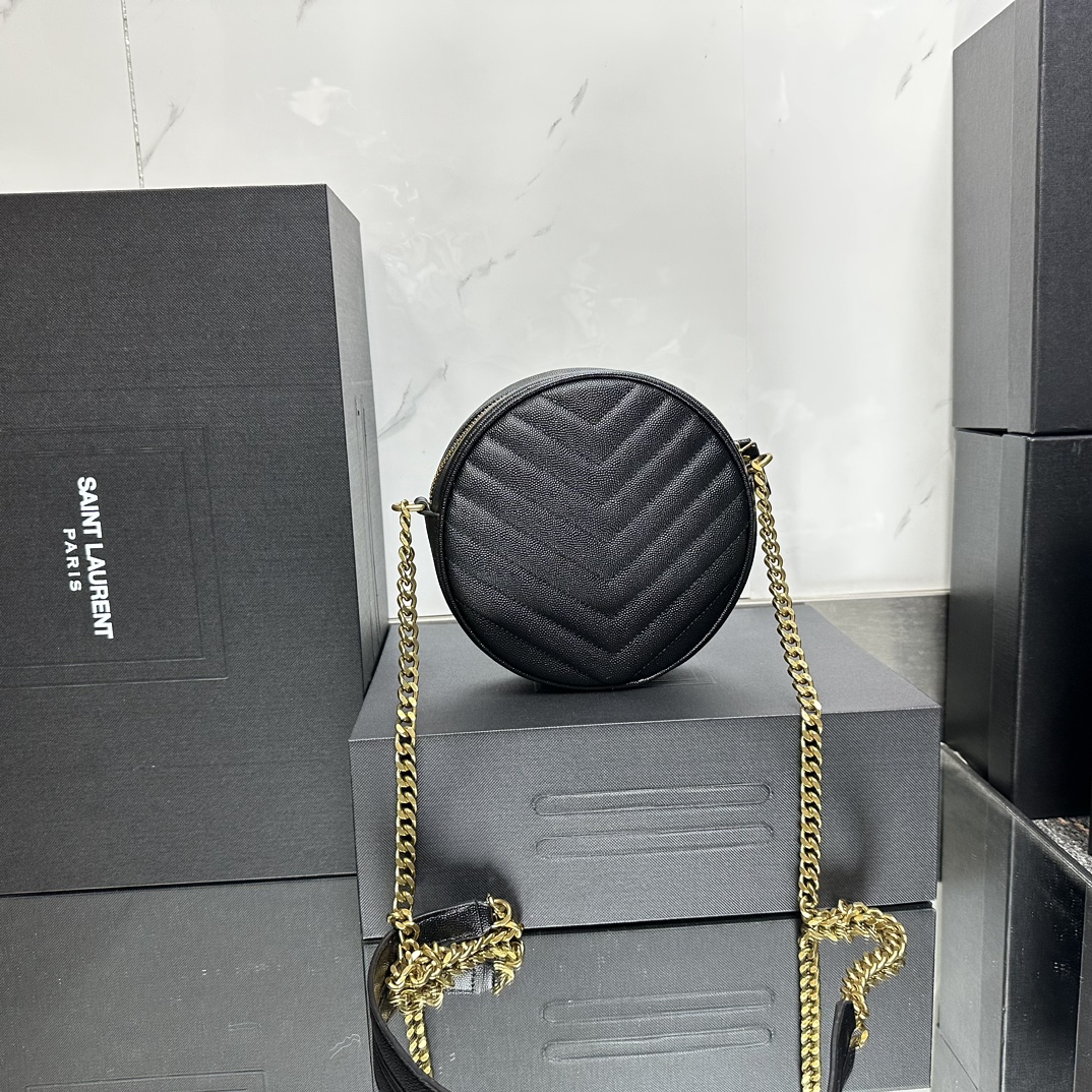 SAINT LAURENT Grain De Poudre Matelasse Chevron Quilted Round Vinyle Camera Bag Deep Marine-Gold hardware - Bag