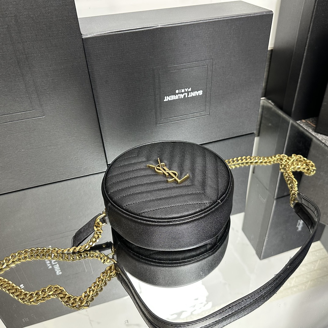 SAINT LAURENT Grain De Poudre Matelasse Chevron Quilted Round Vinyle Camera Bag Deep Marine-Gold hardware - Bag
