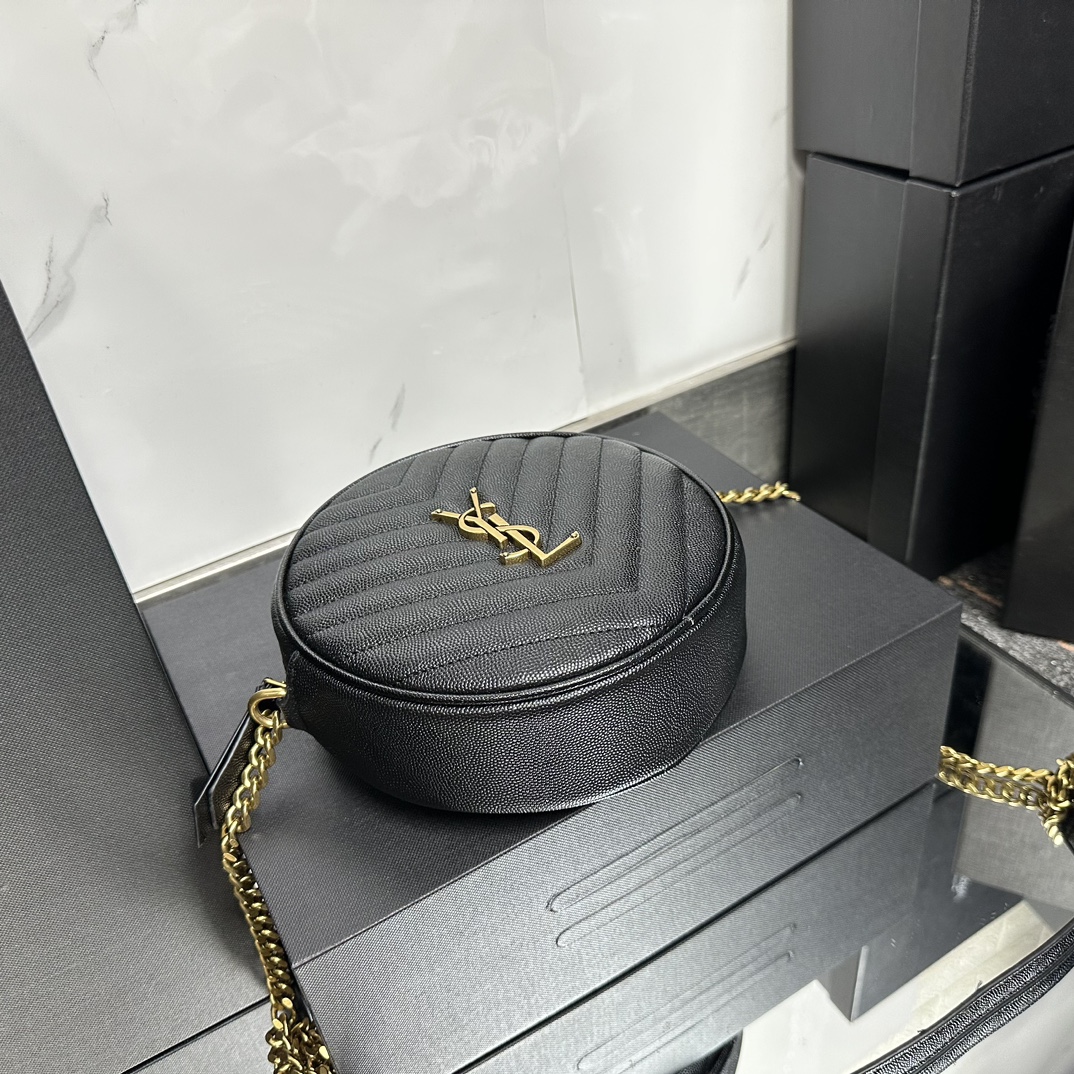 SAINT LAURENT Grain De Poudre Matelasse Chevron Quilted Round Vinyle Camera Bag Deep Marine-Gold hardware - Bag