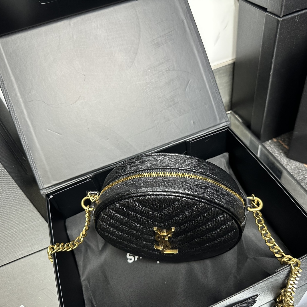 SAINT LAURENT Grain De Poudre Matelasse Chevron Quilted Round Vinyle Camera Bag Deep Marine-Gold hardware - Bag