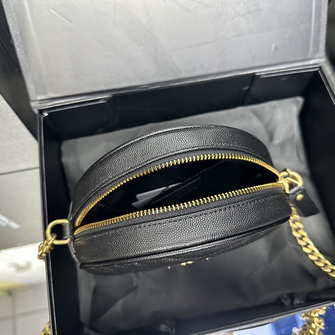 SAINT LAURENT Grain De Poudre Matelasse Chevron Quilted Round Vinyle Camera Bag Deep Marine-Gold hardware - Bag