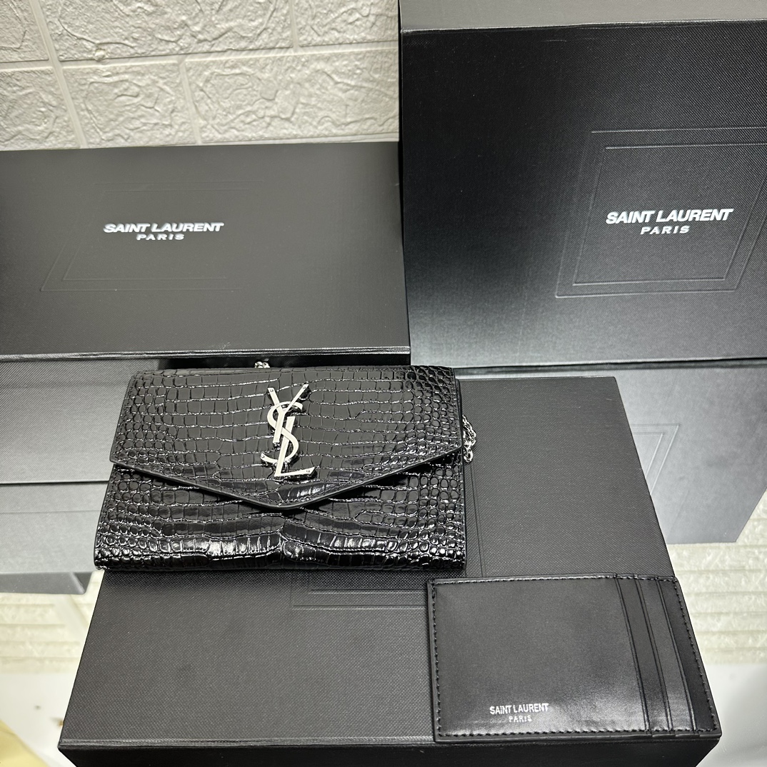 SAINT LAURENT Grain De Poudre Monogram Uptown Chain Wallet Black-Silver hardware - Bag