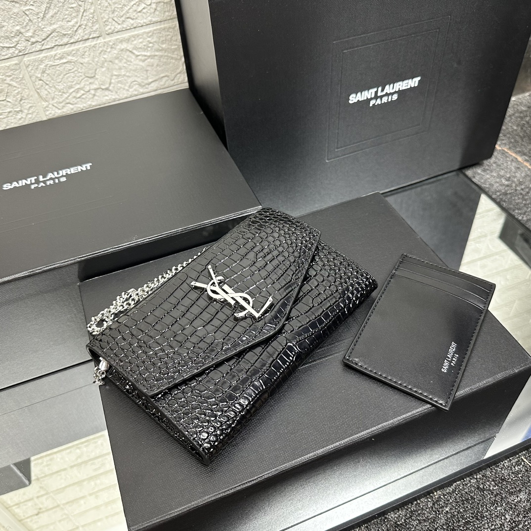 SAINT LAURENT Grain De Poudre Monogram Uptown Chain Wallet Black-Silver hardware - Bag