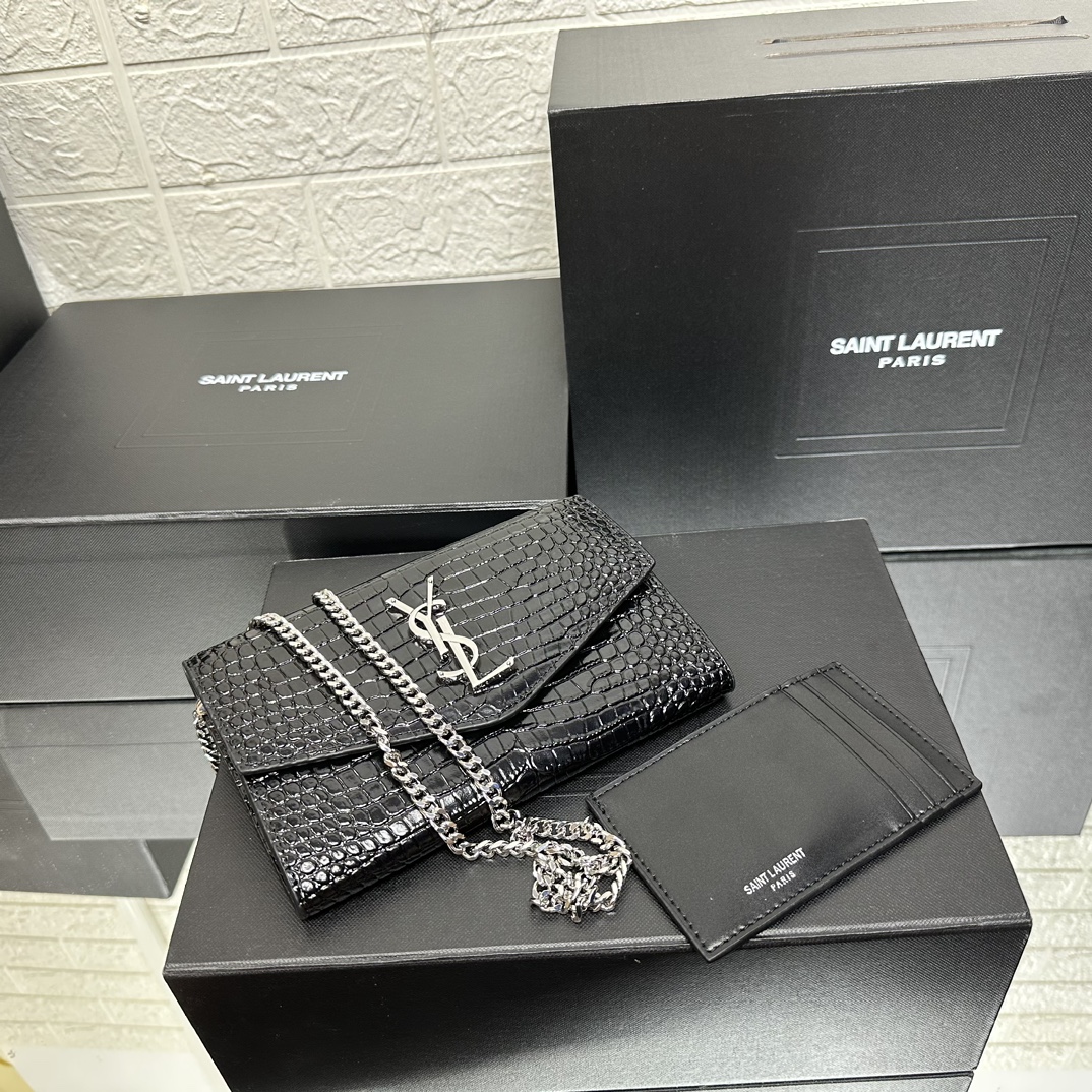 SAINT LAURENT Grain De Poudre Monogram Uptown Chain Wallet Black-Silver hardware - Bag