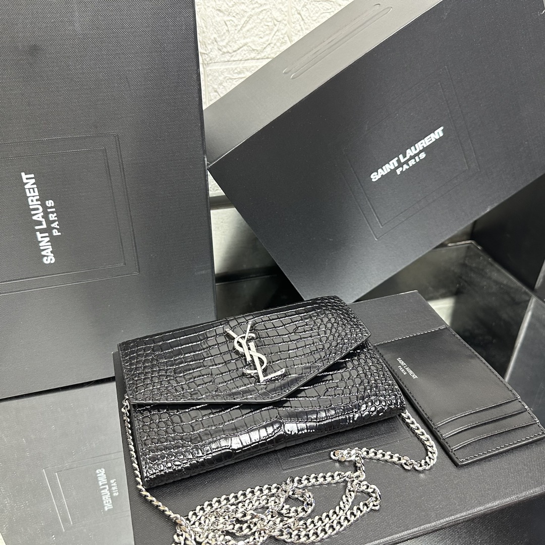 SAINT LAURENT Grain De Poudre Monogram Uptown Chain Wallet Black-Silver hardware - Bag
