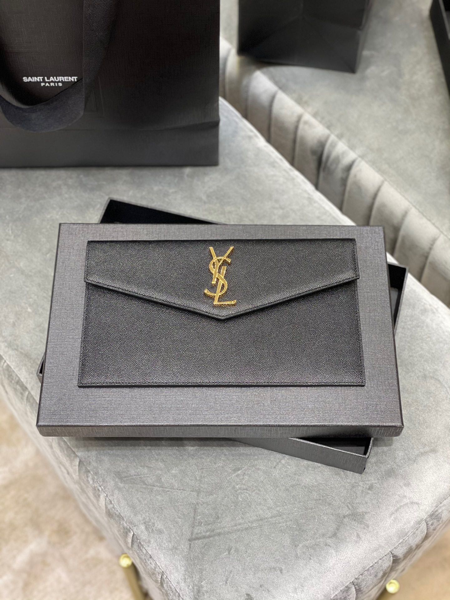 Saint Laurent YSL Women Uptown Pouch in Grain DE Poudre Embossed Leather-Black-Gold hardware - Bag