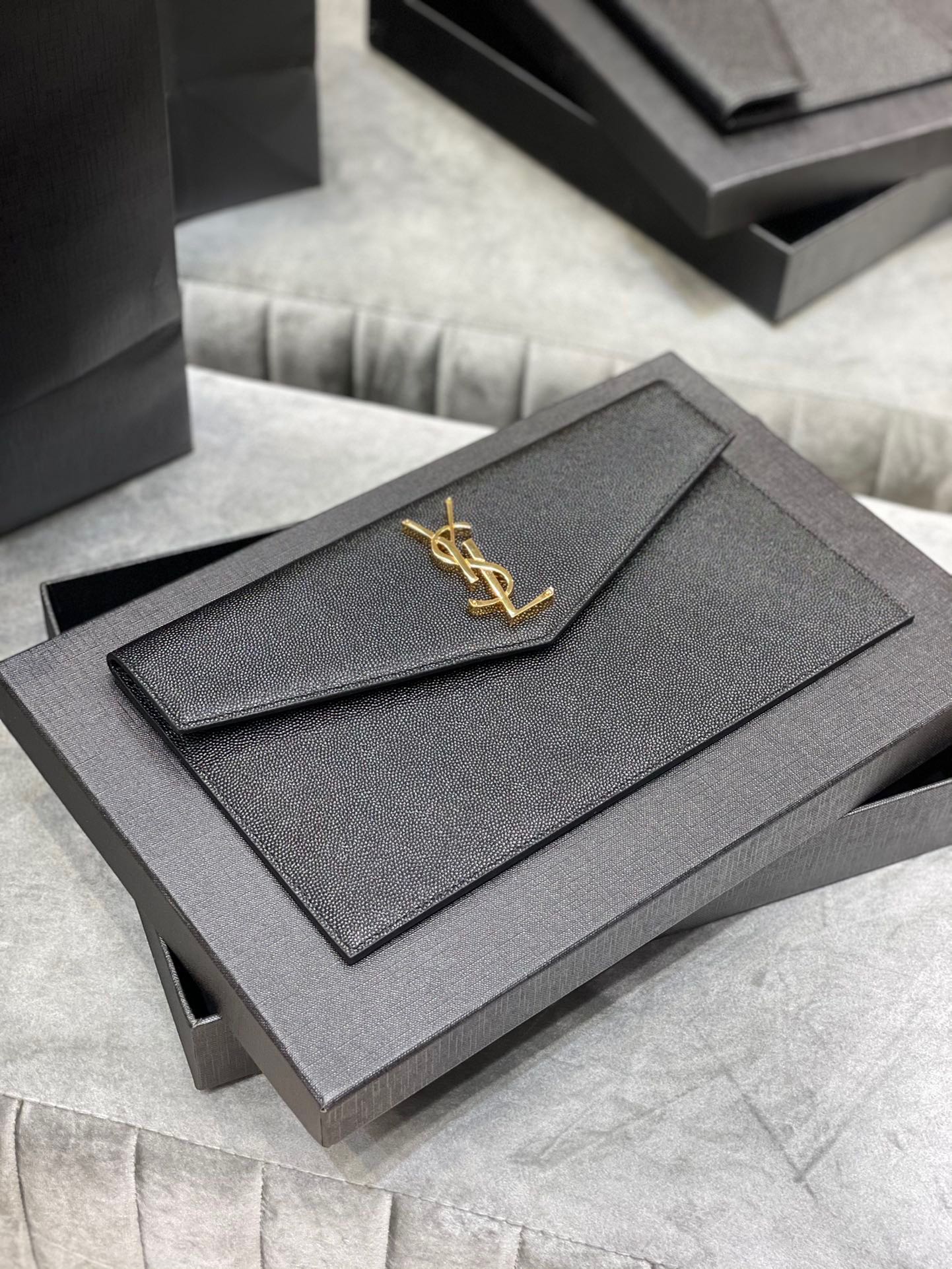 Saint Laurent YSL Women Uptown Pouch in Grain DE Poudre Embossed Leather-Black-Gold hardware - Bag