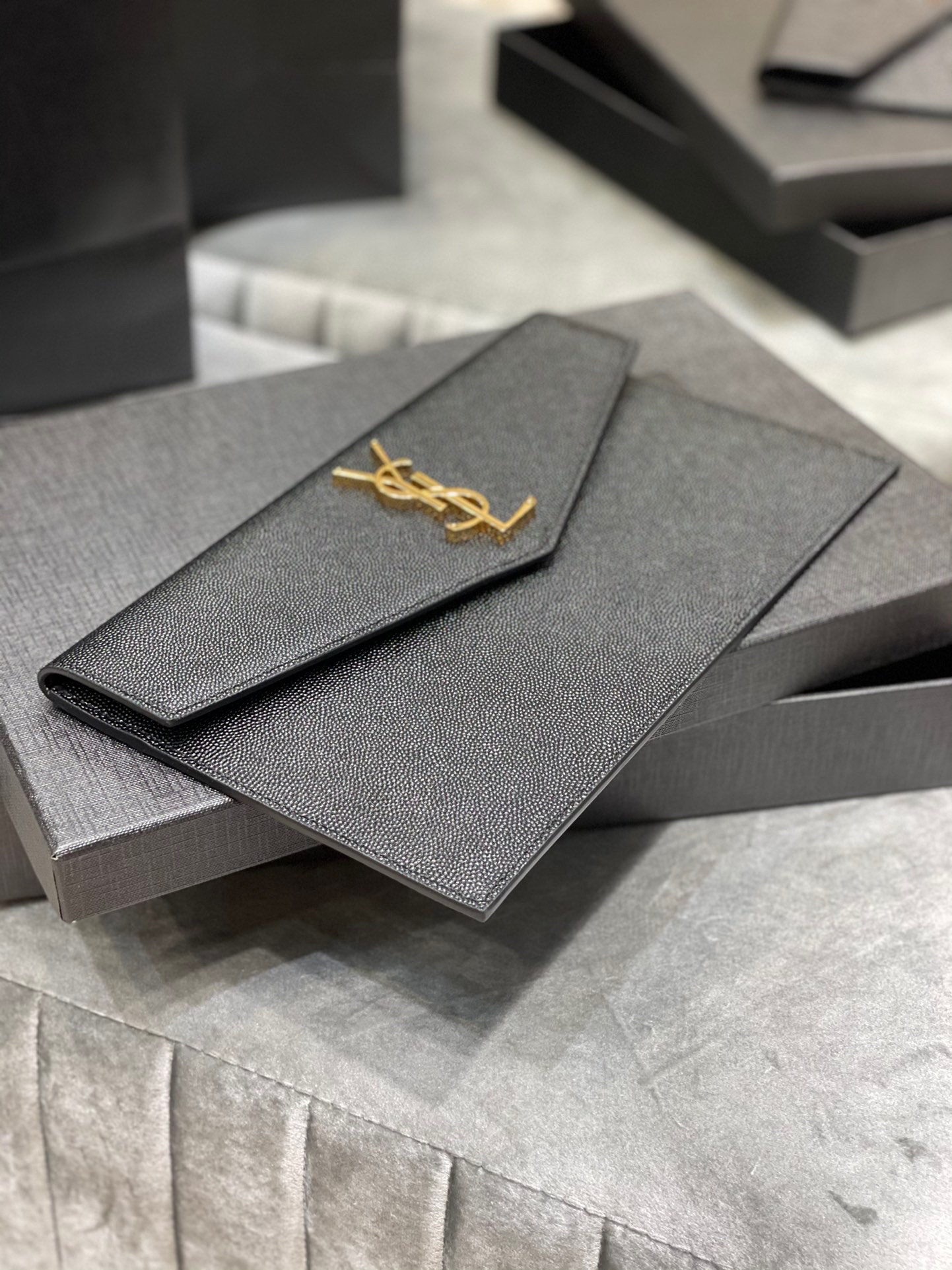 Saint Laurent YSL Women Uptown Pouch in Grain DE Poudre Embossed Leather-Black-Gold hardware - Bag