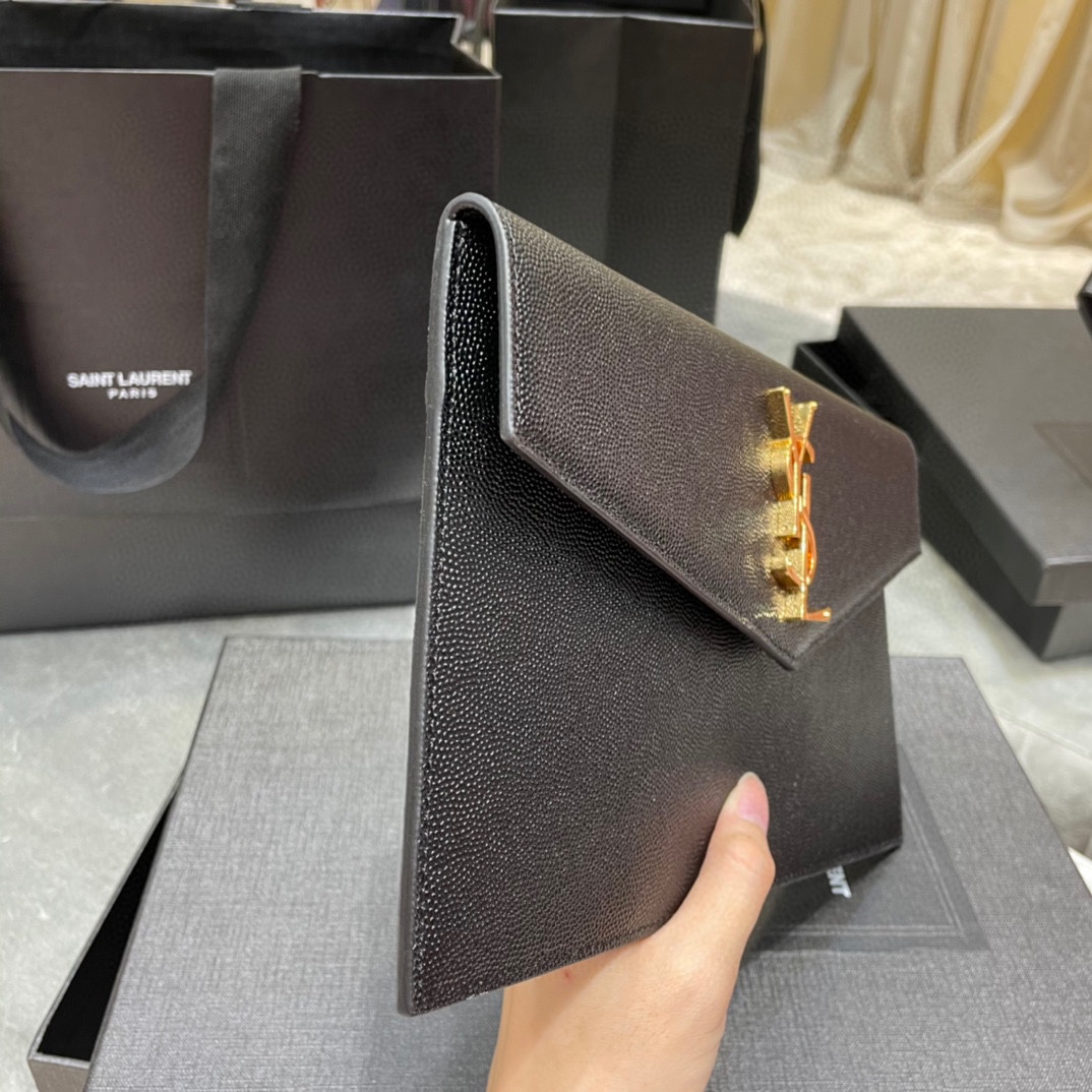 Saint Laurent YSL Women Uptown Pouch in Grain DE Poudre Embossed Leather-Black-Gold hardware - Bag