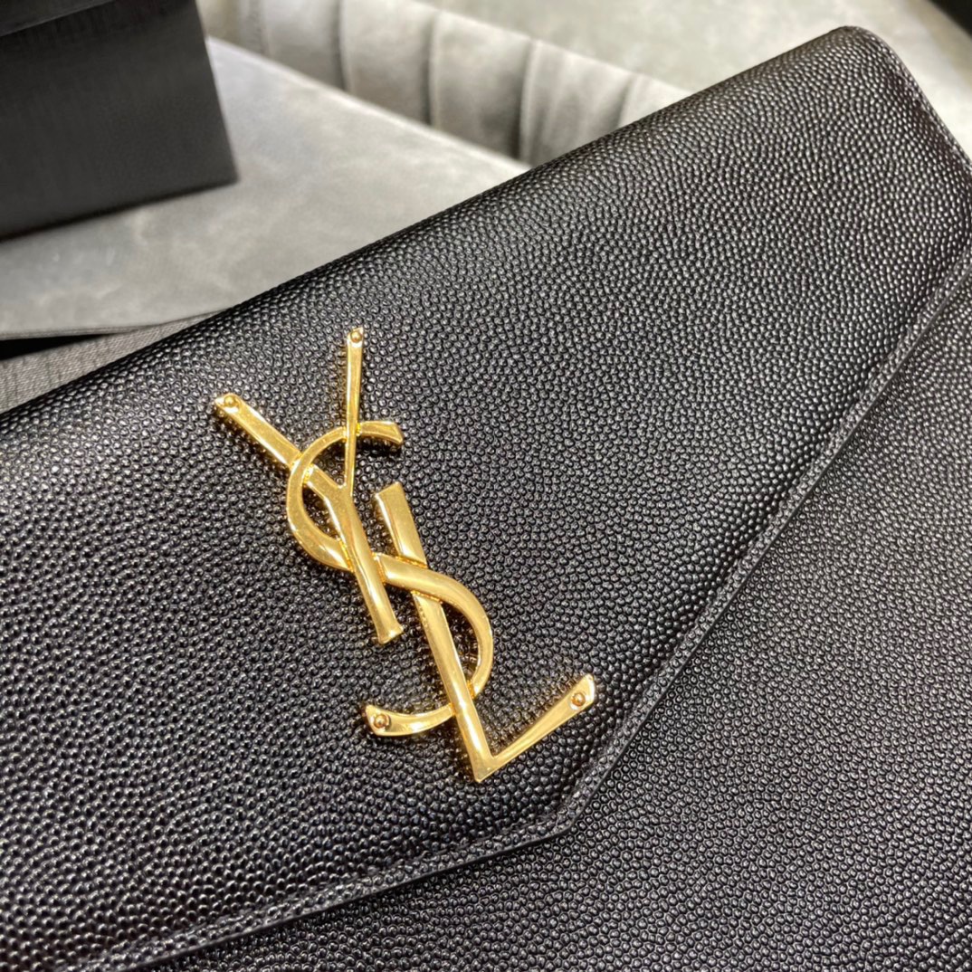 Saint Laurent YSL Women Uptown Pouch in Grain DE Poudre Embossed Leather-Black-Gold hardware - Bag