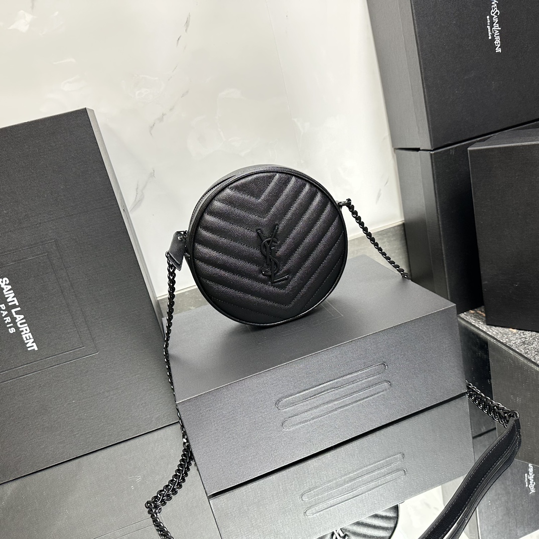 SAINT LAURENT Grain De Poudre Matelasse Chevron Quilted Round Vinyle Camera Bag Deep Marine-biack hardware - Bag