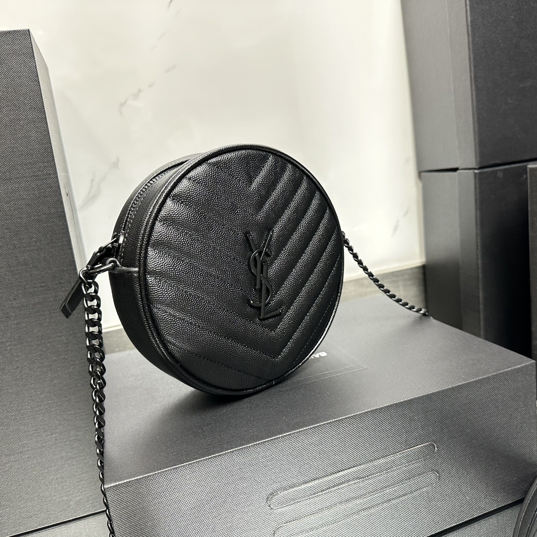 SAINT LAURENT Grain De Poudre Matelasse Chevron Quilted Round Vinyle Camera Bag Deep Marine-biack hardware - Bag